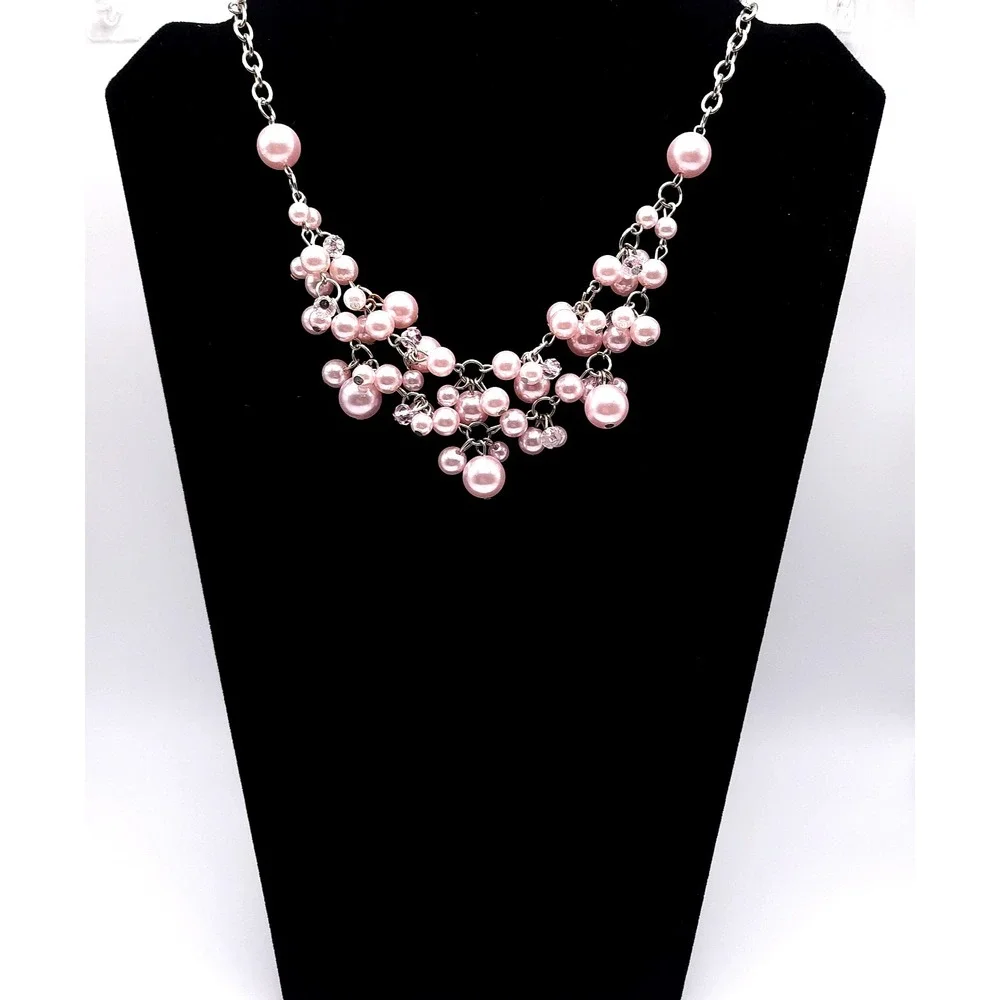 Pink Faux Pearl Cluster Bib Necklace Silver